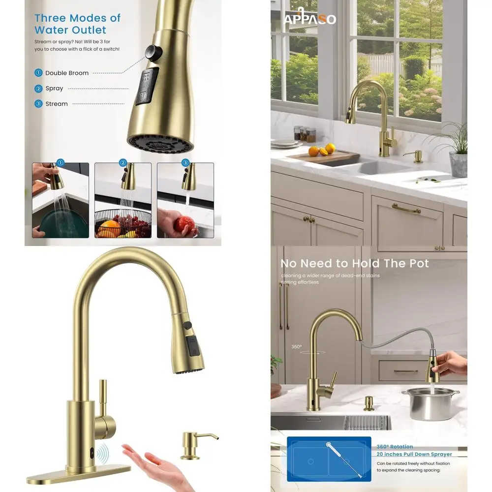 Torneira de cozinha sem toque dourada com spray pull-down e dispensador de sabão para pias de 2 a 4 furos