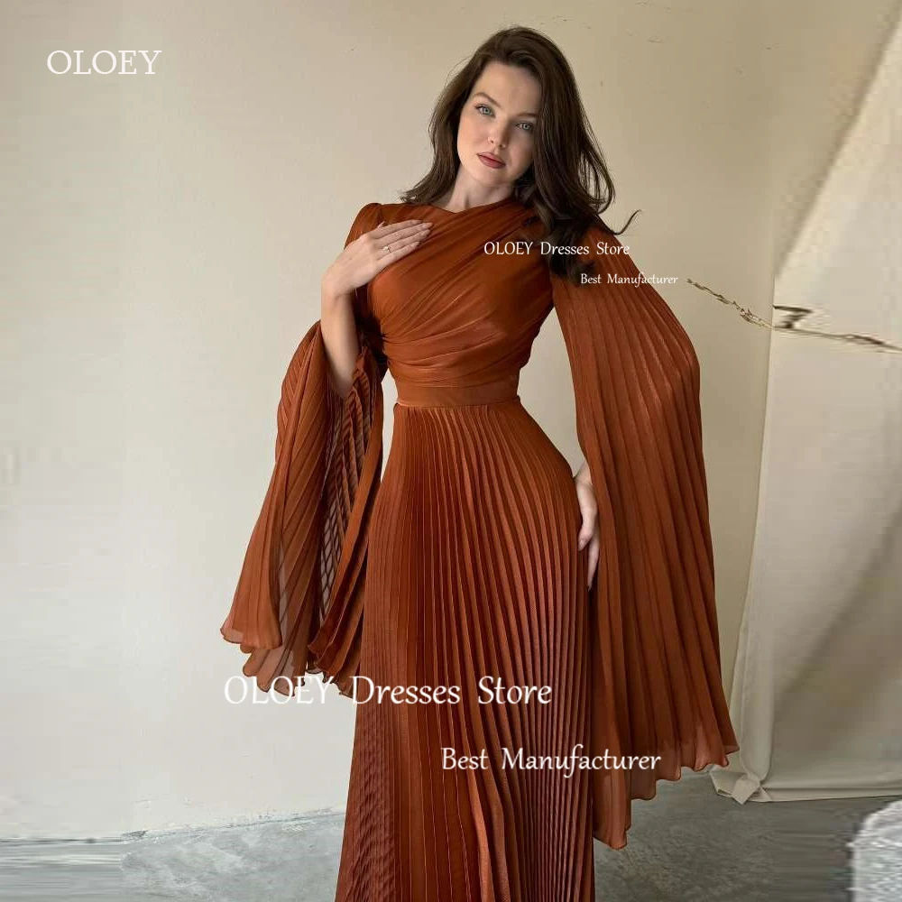 

OLOEY Modest Brown Draped Evening Dresses Dubai Arabic Women Long Sleeves Pleats Prom Gowns Formal Occasion Party Dress Vestidos