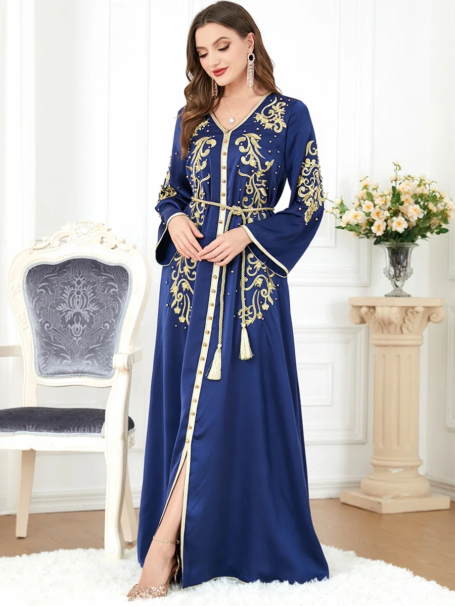 Morocco Dress Women Embroidery Muslim Abaya Fashion Dubai Abayas Ramadan Belted Kaftan Elegant Party Dresses Vestidos Spring