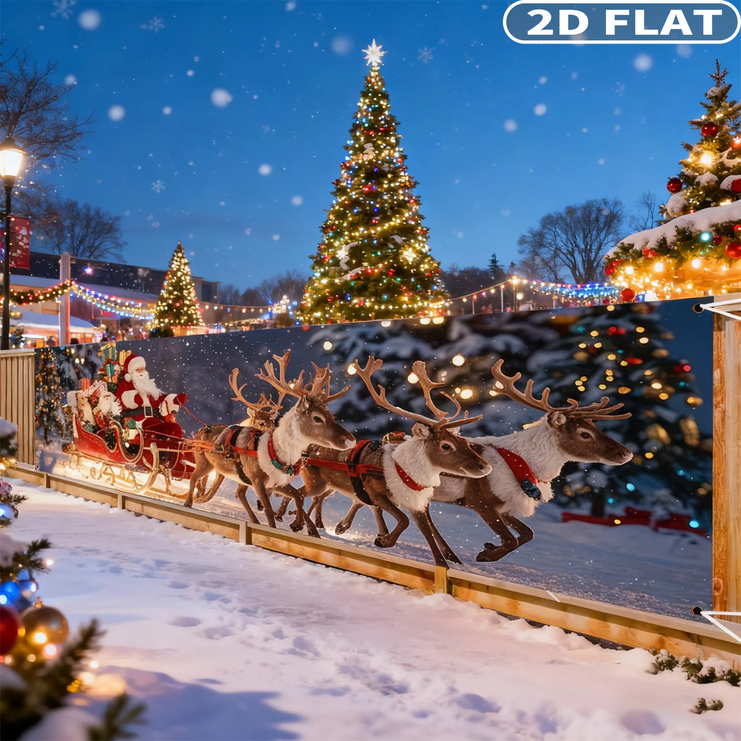 

1pc 2D Flat Fence Christmas Banner, Santa & Reindeer Snowy Scene with Twinkling Lights Design Banner, No Electricity Needed