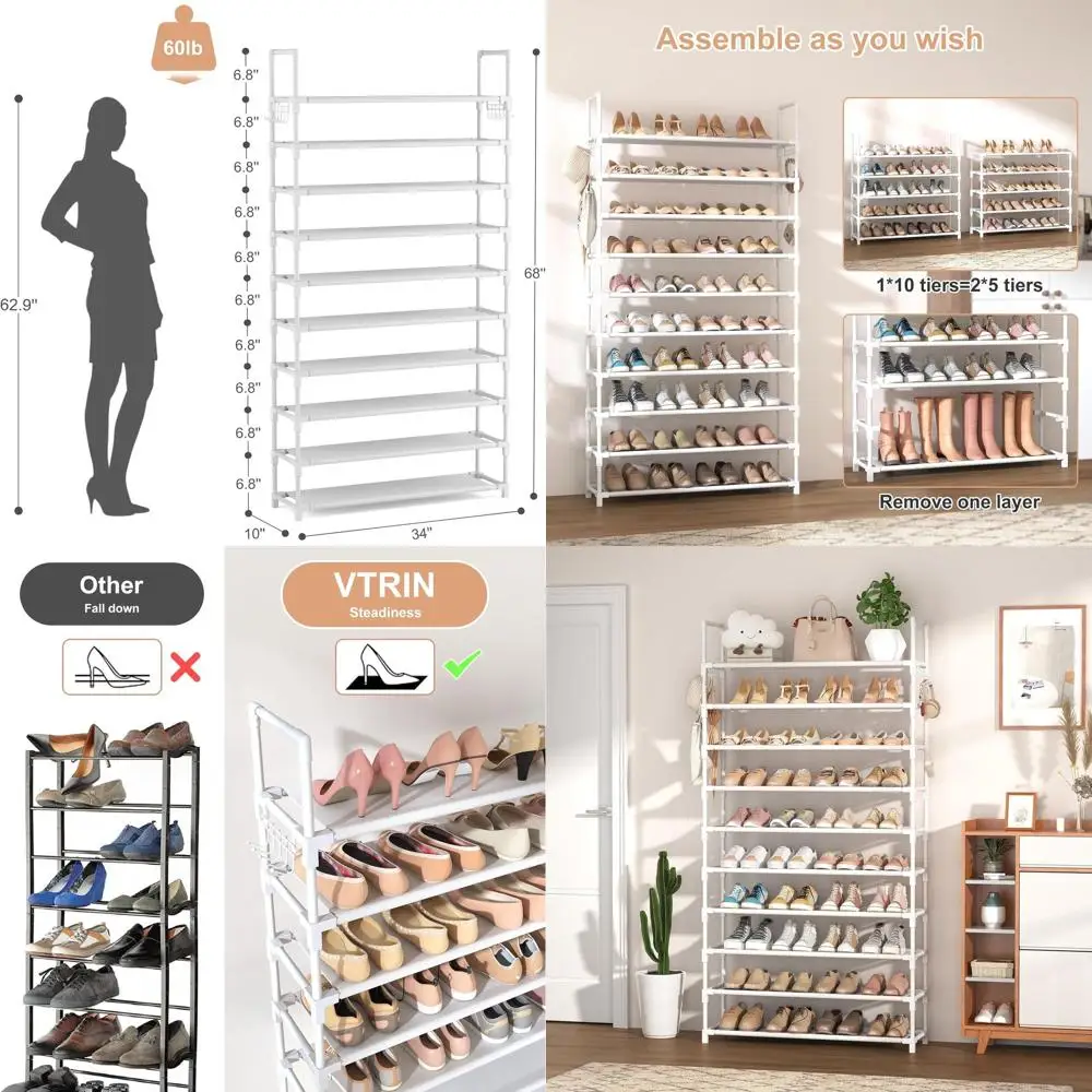 

Large Capacity 10-Tier Shoe Rack for 50 Pairs, Sturdy Metal Storage Organizer with Hooks, White XJ-113 for Entryway & Bedroom