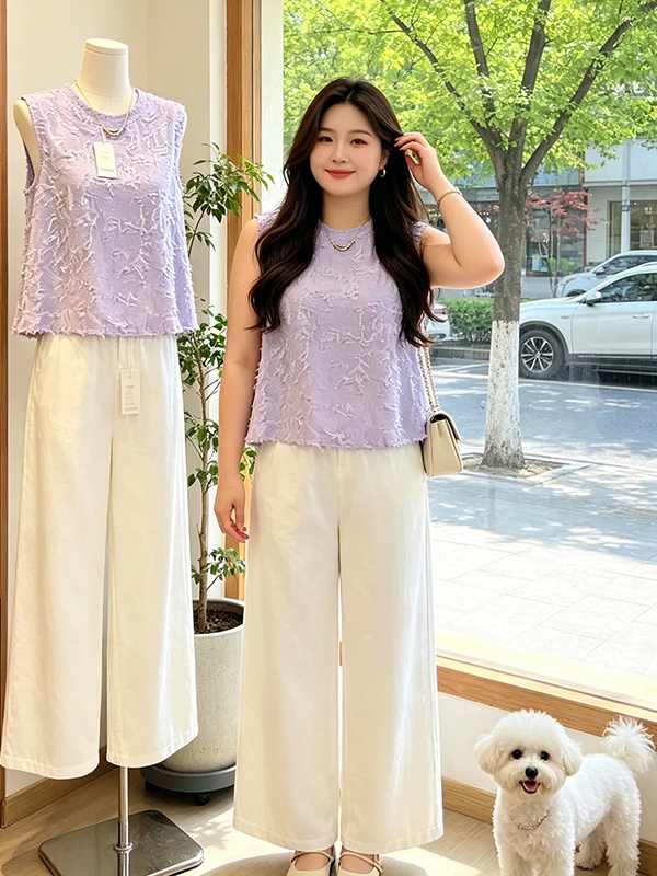 

plus Size Summer New Style Women's Set Fashionable Chinese Style Ageless Sleeveless round Neck Vest High Waist Wide Leg Pants...