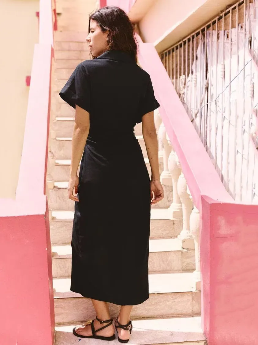 Summer New Women's Linen Comfortable ort Sve V-ne Midi Dr Retro Waist-cinched A-line Long Skirt Single-button Closure