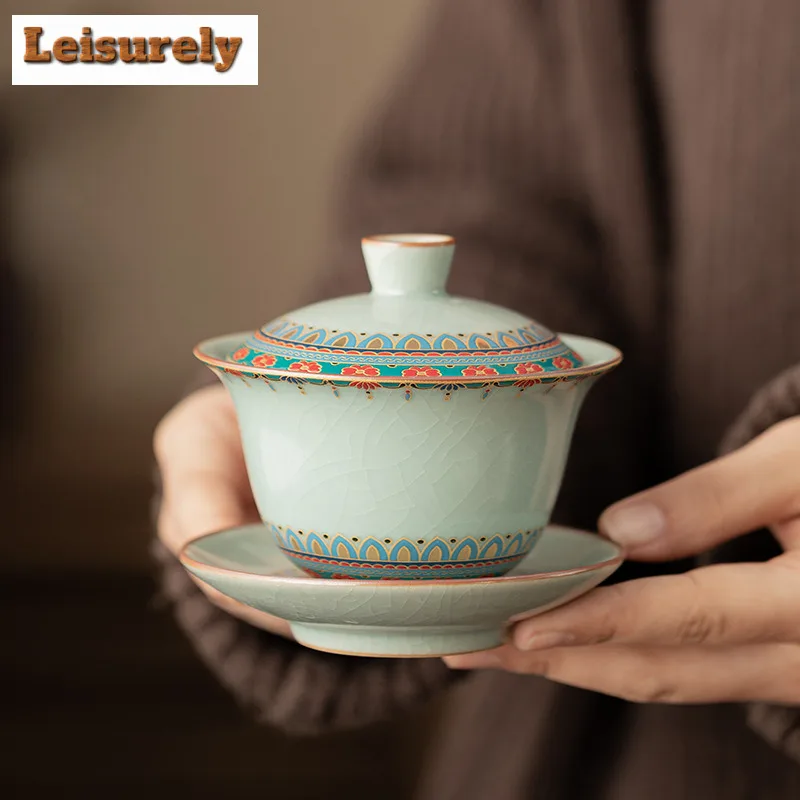 

130ml Ru Kiln Dunhuang Flower Gaiwan Creative Tea Tureen Tea Bowl With Lid Kit Tea Maker Cover Bowl Chinese Tea Set Collection