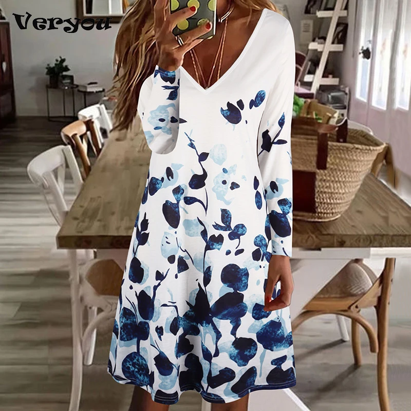 

Sexy Women Printing Dress Boho Autumn Elegant Long Sleeve Mini Dress Women V Neck Loose Vintage Party Dresses For Women 2022