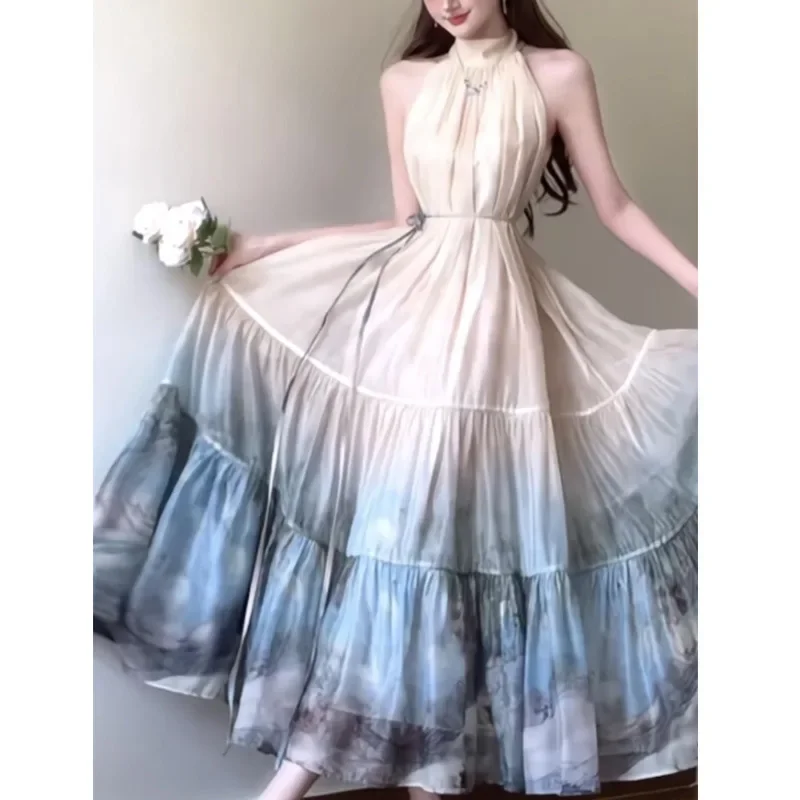 New Chinese style printed dress with a hanging neck  long skirt for vacation large swing half skirt