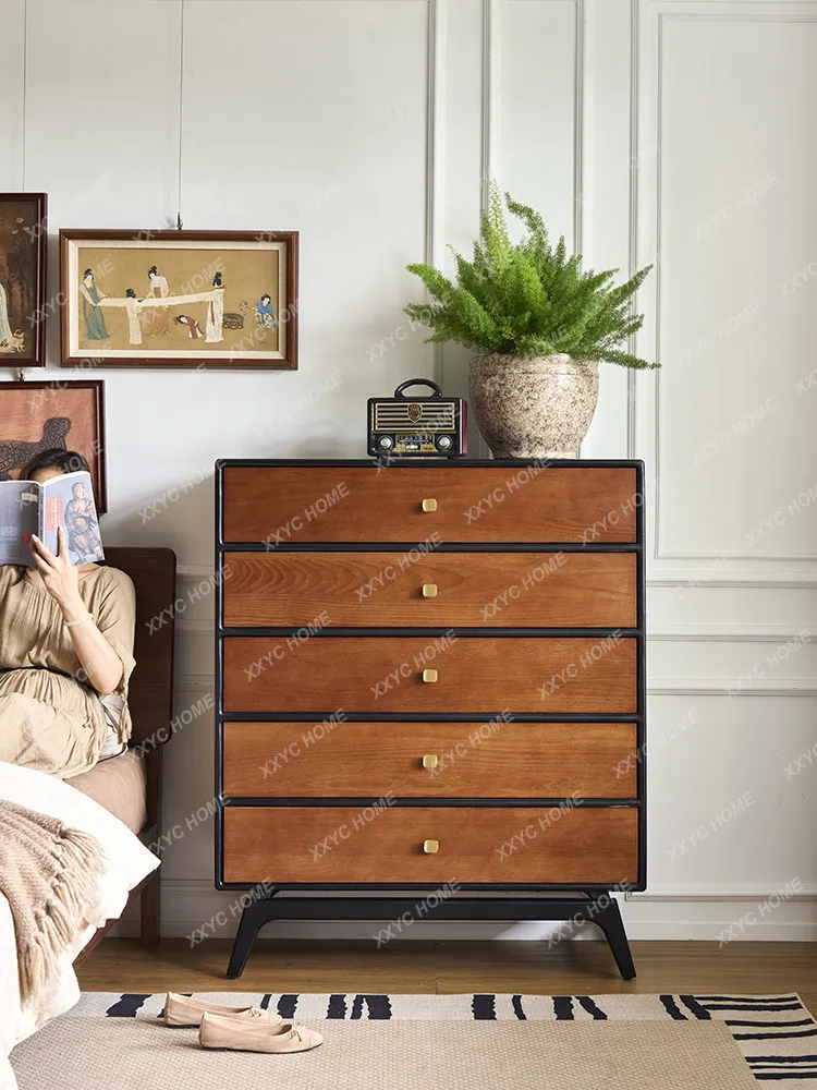 Retro solid wood chest, medium and ancient style double-color living room locker, small apartment household integrated