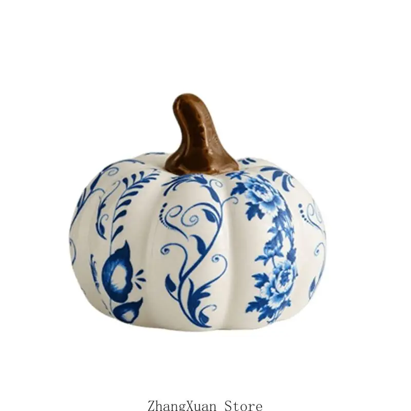Blau-weißes Herbst-Kürbis-Dekorationsstück für Schreibtisch, und Foyer, 3 x – Detail 2