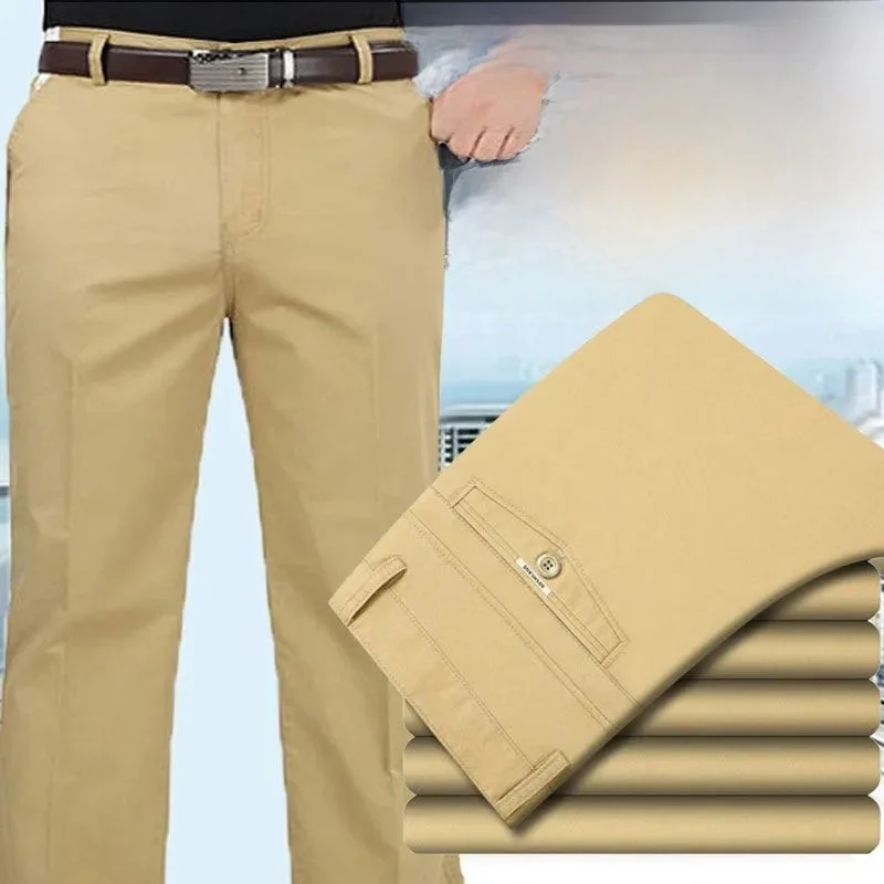 Pantalones Casuales Delgados de Pierna Recta y Cintura Alta para Hombres de Mediana Edad, Pantalones Largos de Verano para Negocios, Cómodos y Holgados, Estilo Papá