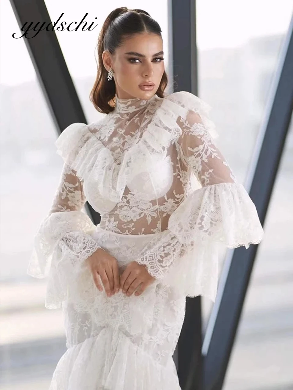 

Сексуальные белые кружевные элегантные многоярусные вечерние платья с высоким воротом и иллюзией русалки с длинными рукавами по индивидуальному заказу, 2025 г., вечерние платья с рукавами-колокольчиками