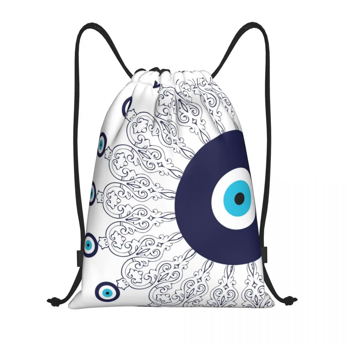 Mochila con cordón para hombre y mujer, bolsa ligera con diseño de Mandala de mal de ojo mediterráneo, color azul marino y blanco, Ideal para deportes, gimnasio y almacenamiento