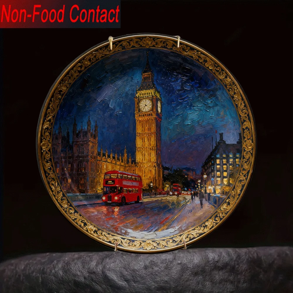 2D Flat, 1pc Ceramic Decorative Plate - Non-Food Contact, Classic Round Art Piece with London Big Ben Night Scene Design, Ideal