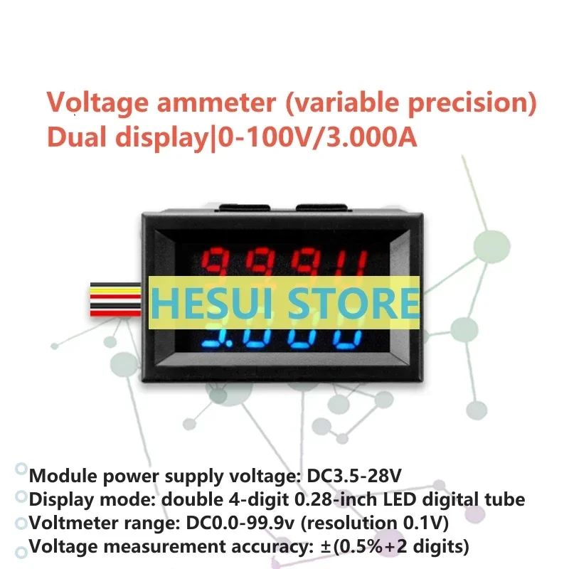 0.28 inch four-digit LED DC digital display voltmeter ammeter double display 0-100V/3.000A high precision