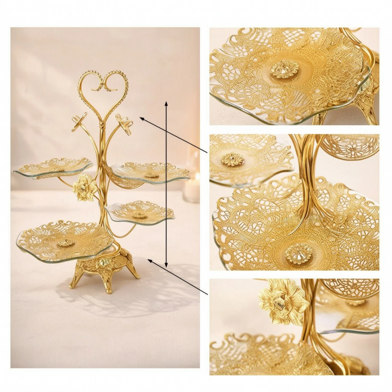 Fruit Stand with Glass Trays Elegant Dessert Stand with Metal Frame Ornate Dessert Stand Gold Heart-Shaped Tray Decorative