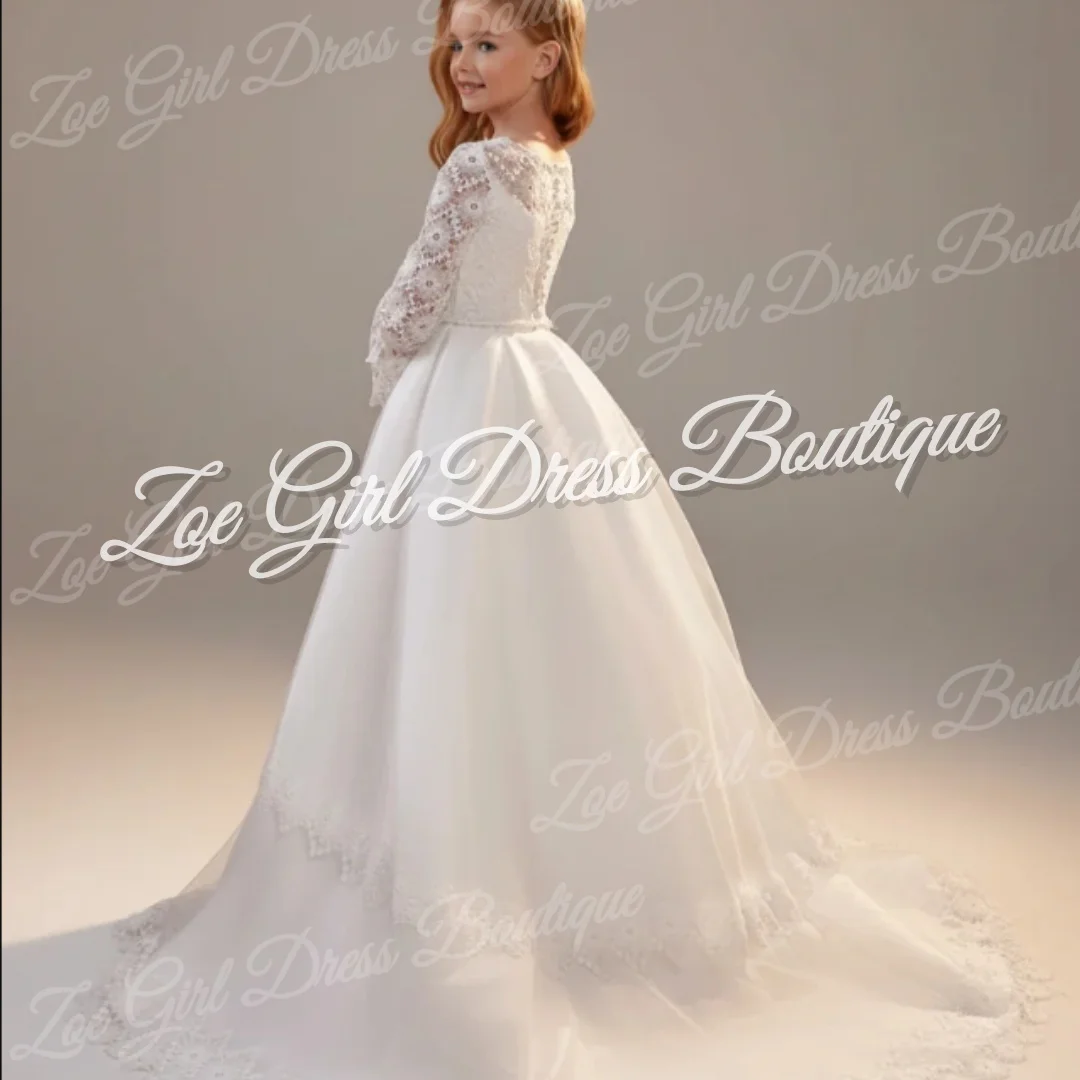 Elegant White Lace Long Sleeve Bow Flower Girls Dresses Long Train Gown for Kids Wedding First Holy Communion Customized
