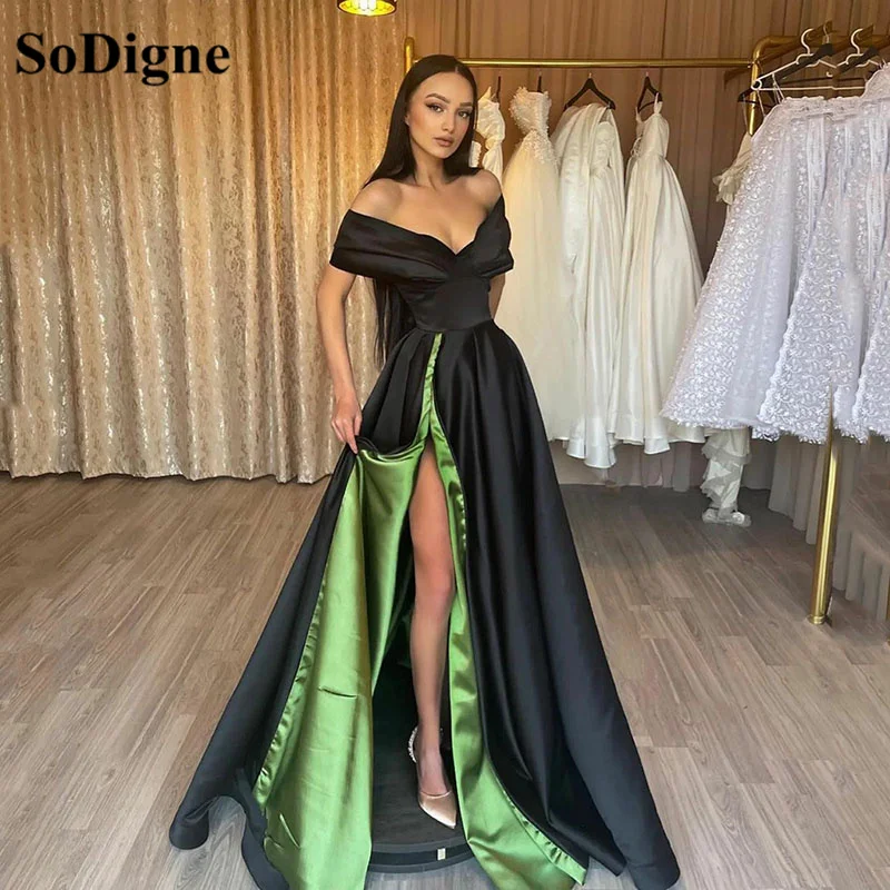 

SoDigne Satin Evening Dress Off Shoulder V neck Party Women Dress Leg Slit Prom Dress Saudi Arabia vestidos de noche