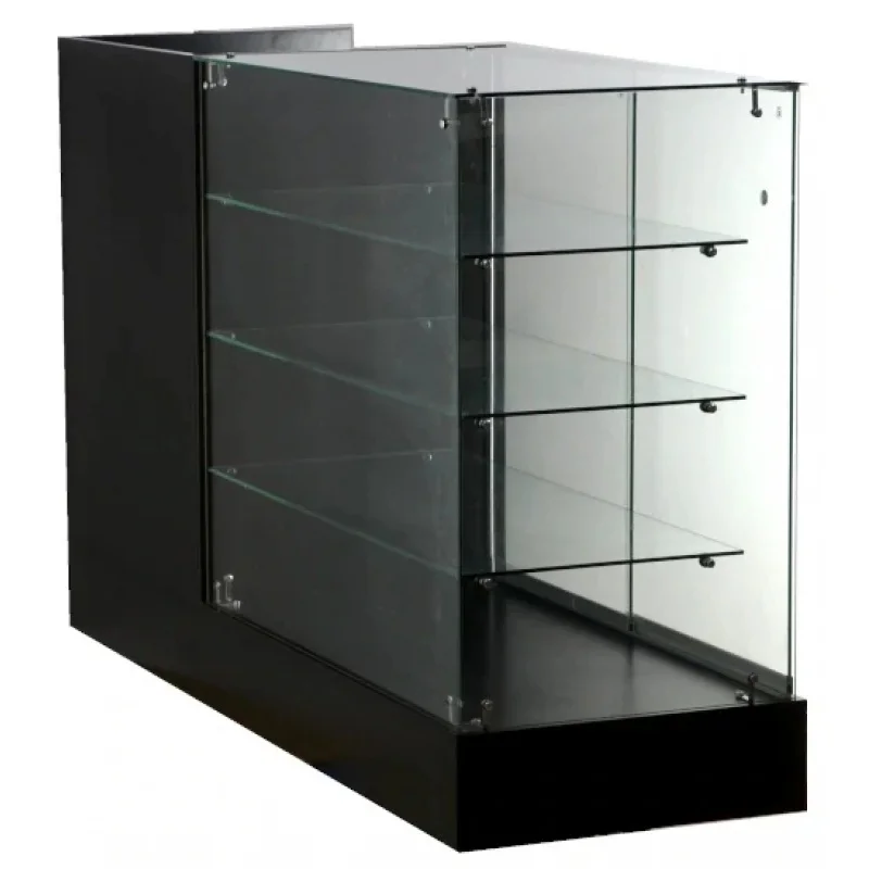 Custom. Frameloze Glazen Display Met Kassa Staan Houten Structuur Met Door Multifunctionele Kassier Teller Glazen Show