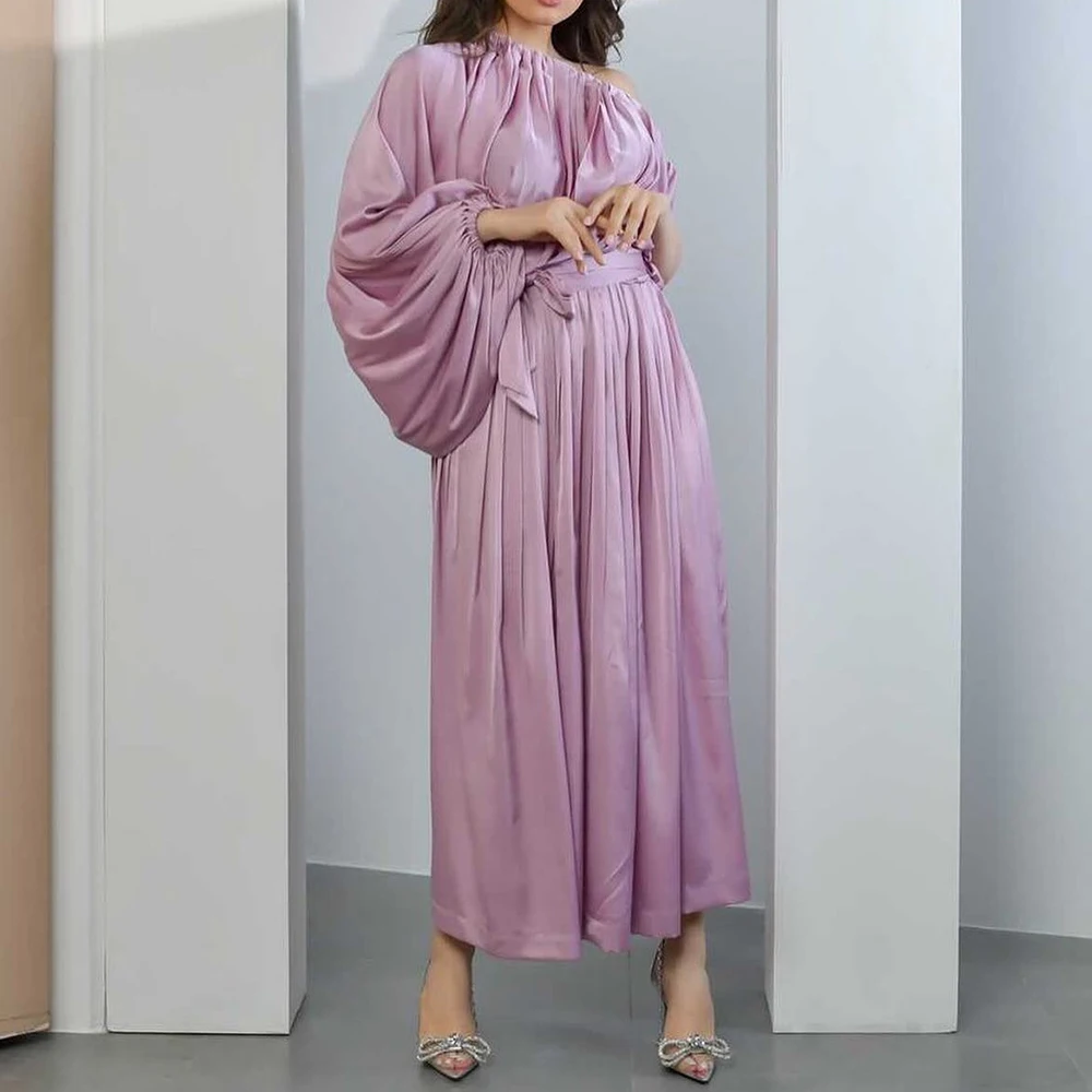 

Graceful Satin A-Line One Shoulder Long Sleeves Evening Dress High Quality Floor Length فساتين سهره نسائيه فخمة