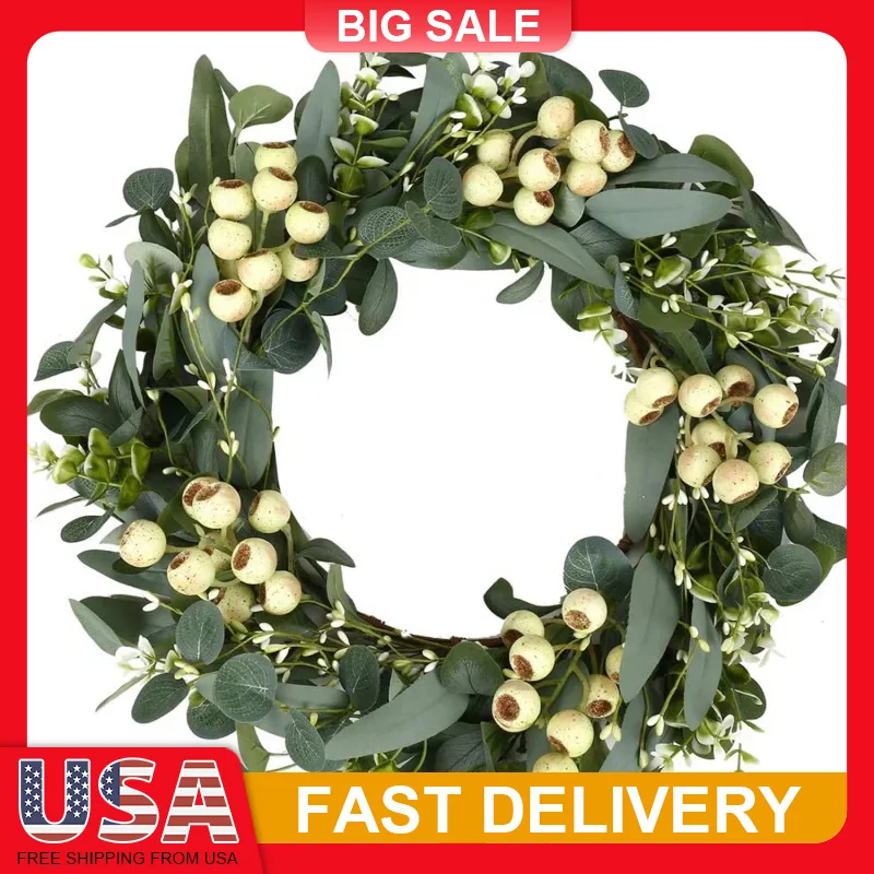 

20 Inch Eucalyptus Wreath with Big Berries Home Decor Spring Summer Winter Christmas Porch Wall Window Rustic Farmhouse Decor