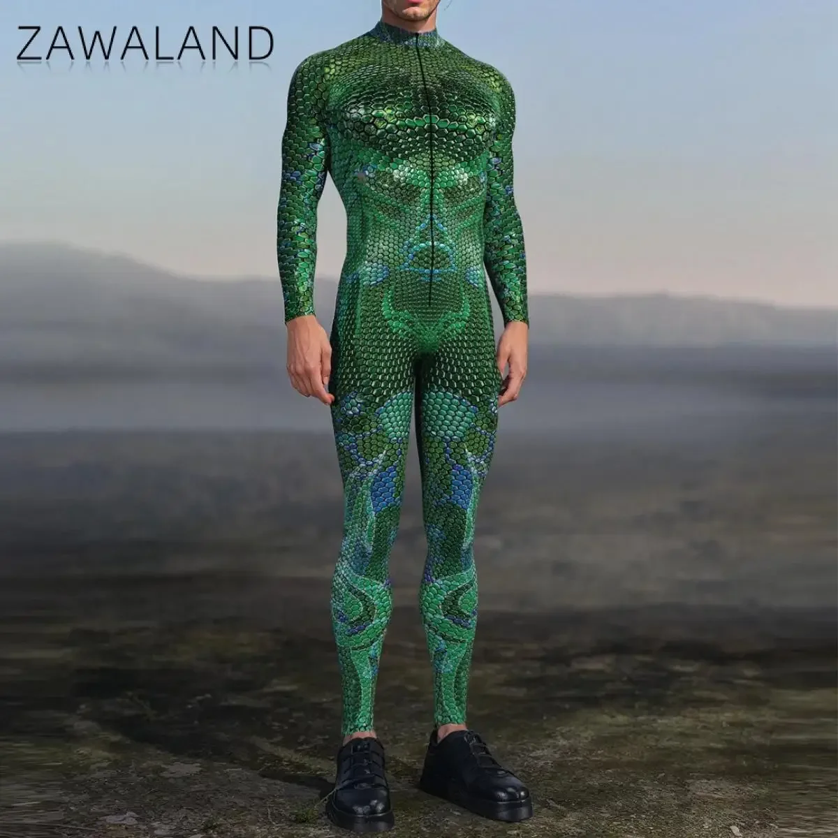 Zawaland Myriad Sentinel Green Cosplay Bodysuit Women Men Snake Print Costume Festival Party Outfit Rave Performance Zentai Suit view 6