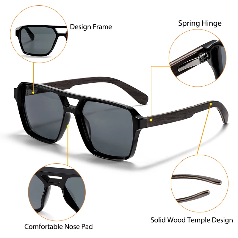 Okulary przeciwsłoneczne męskie HBK Retro Pilot, z solidnymi drewnianymi zausznikami, sprężynowe zawiasy, okulary przeciwsłoneczne damskie retro do podróży i aktywności na świeżym powietrzu.