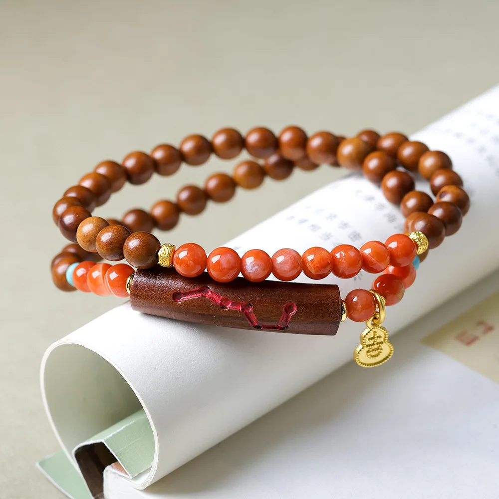 

Браслет из дерева тайваньского ореха и красного агата с двойной петлей, семь звезд, новый китайский стиль, защита от зла
