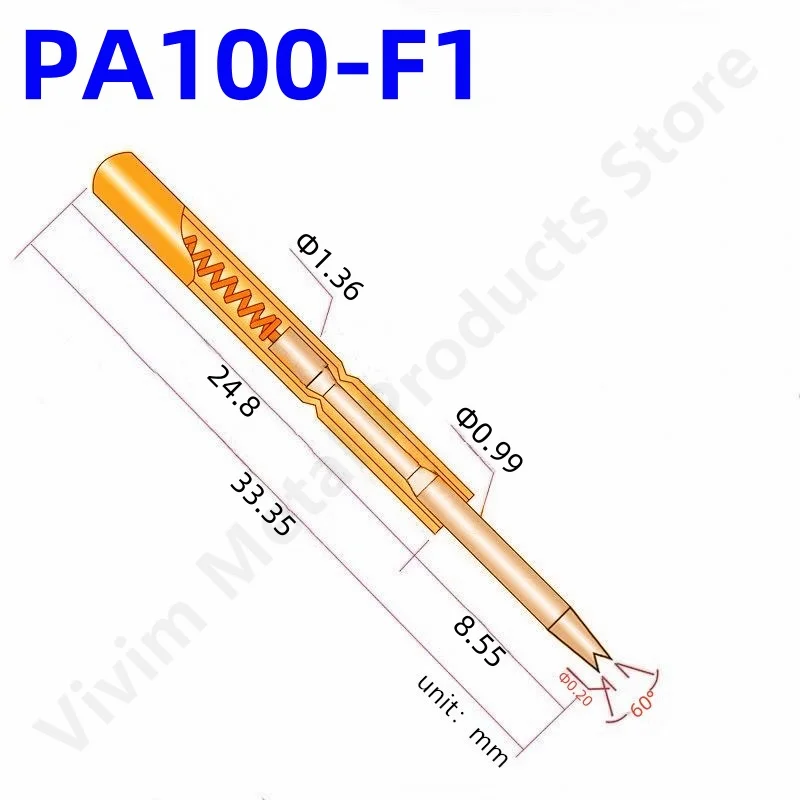 

100PCS PA100-F1 Spring Test Probe PA100-F Test Pin P100-F P100-F1 Test Tool 33.35mm 1.36mm Needle Gold Tip Dia 0.99mm Pogo Pin