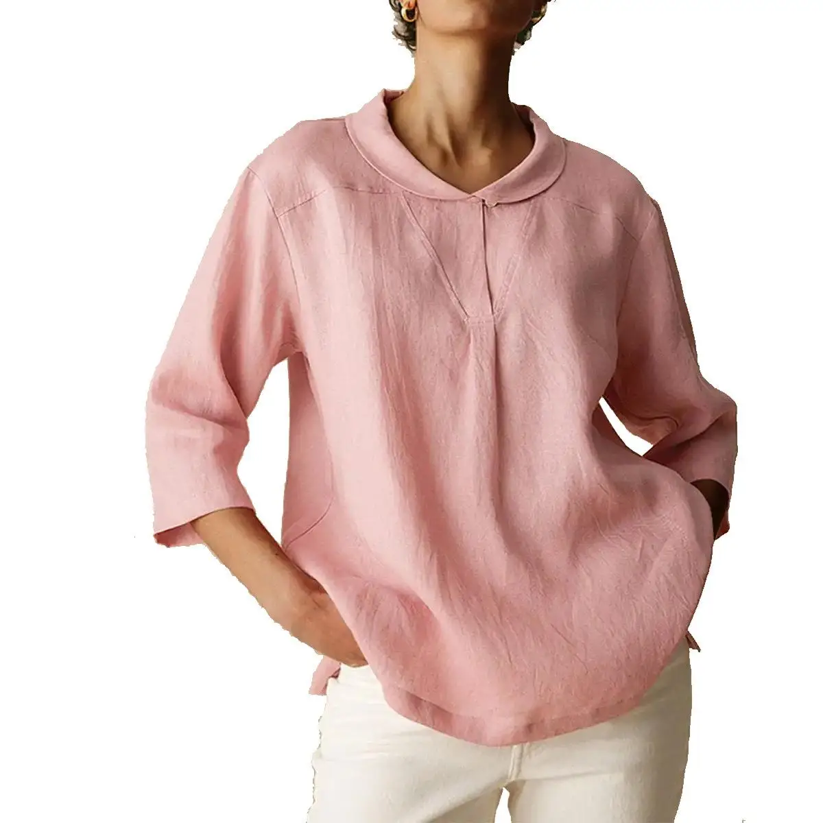 Top da donna casual in misto cotone e lino Seven Quarter Sve con colletto irt T-shirt ampia vestibilità Design con giunture in puro colore