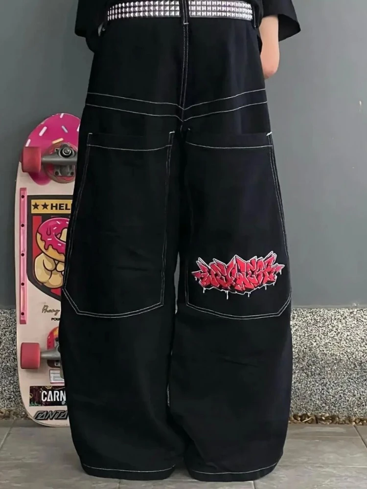 HOUZHOU-pantalones vaqueros negros de gran tamaño para mujer, Jeans Vintage de pierna ancha con bordado, estilo Grunge Hip Hop, ropa de calle holgada, Y2k