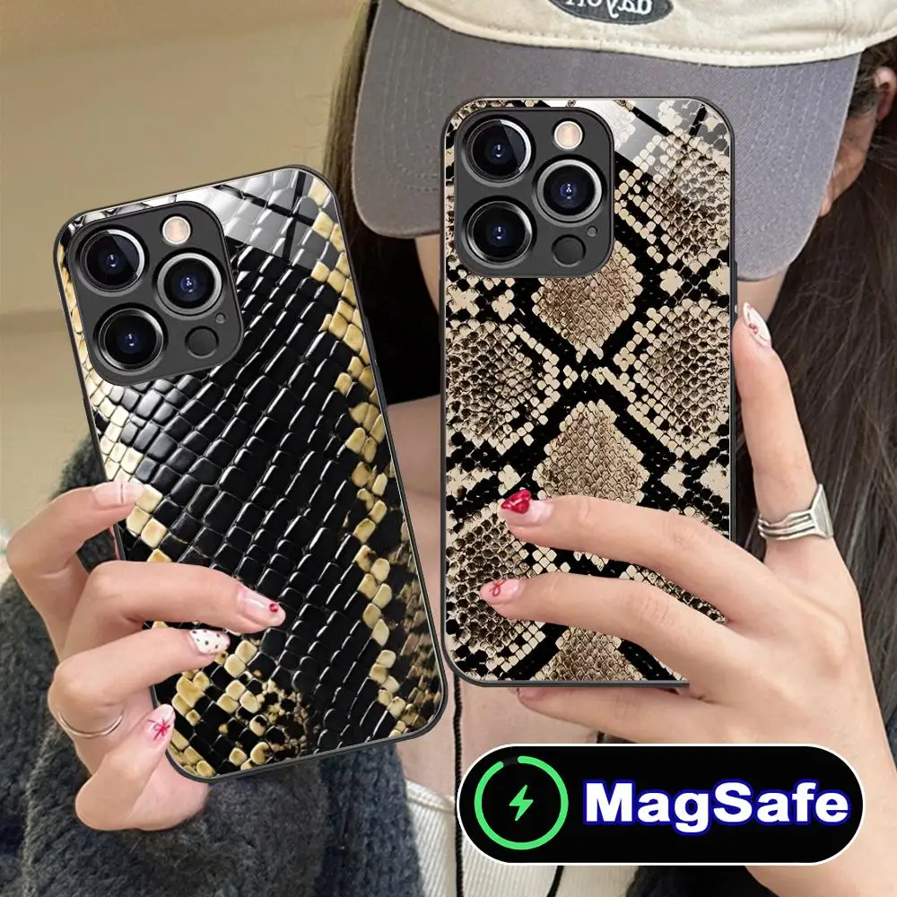 

Snake Texture Mobile Phone Case for iPhone 16 15 14 13 12 11 Pro Max Plus Mini MagSafe Glass Colour Protective Cellphones Luxury