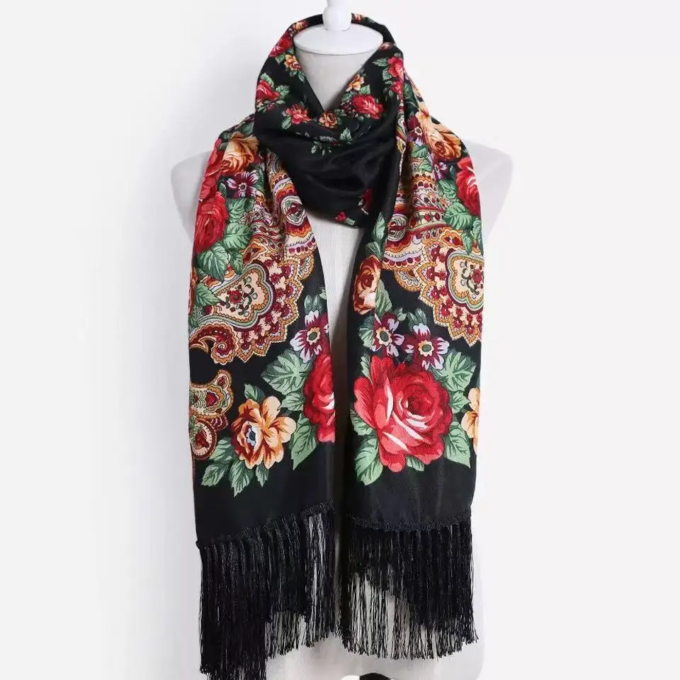 

SS25 Exotic Peony Shawl - Vintage Boho Oriental Print Scarf with Tassel Trim, Elegant Winter Wrap for Women