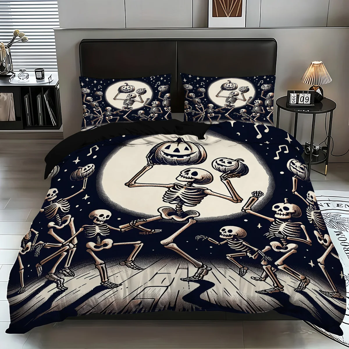 3-Piece Halloween Themed Skeleton and Pumpkin Patterned Duvet Cover Set, 1 Duvet Cover+2 Pillowcases, Coreless