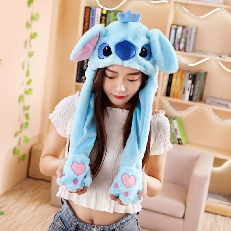 Disney Stitch Luminous/No Light Plush Hat Lovely Funny Up Down Moving Bunny Ears Toy Hat Winter Plush Cap Scarf Set Child Gifts