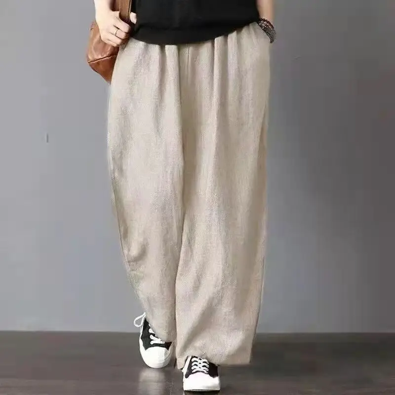 2023 New Spring and Summer Leisure Vintage Zen Pure Cotton Art Style High Waist Pocket Oversized Lazy Wide Leg Pants for Women