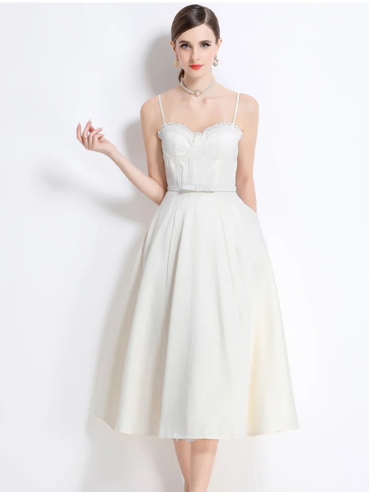 

SMTHMA 2025 Summer New Women's Fashion Elegance Simple Long Dress Bow Belt Mesh Layered Solid Slim Sexy Spaghetti Strap Dress