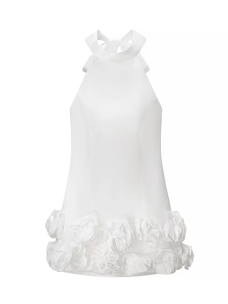 HH Vrouwen Mode Mouwloze Jurk Witte Hoge Kraag Backless Bloem Decoratie Boog Lace Up Rits Vrouwelijke Zomer Sexy Mini Jurk