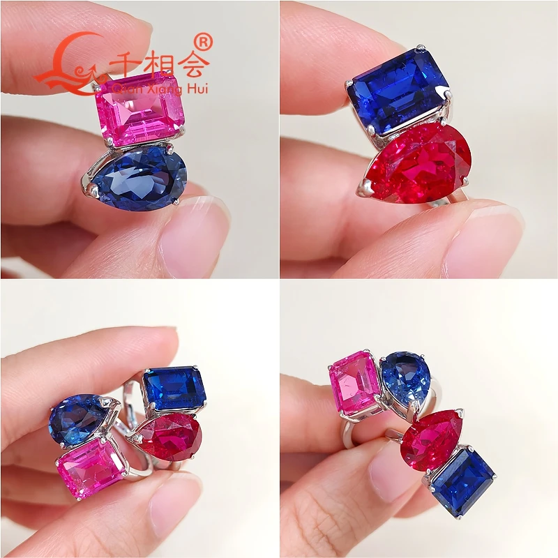 lab grown Pigeon blood red ruby Royal blue sapphire Emerald and pear stone with  Ring Silver 925 Wedding Engagement Women gift view 5