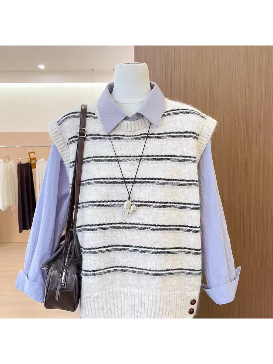 Retro Striped round Neck Sleeveless Knitted Vest Women's Fashion Layering Slimming Sweater Tank Top Trendy Base Shirt