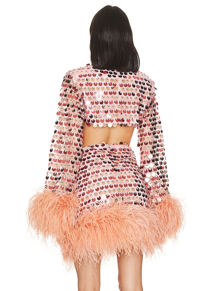 Recorte mangas compridas o pescoço magro moda mini vestido sexy para mulheres luxo lantejoulas pena chique 2025