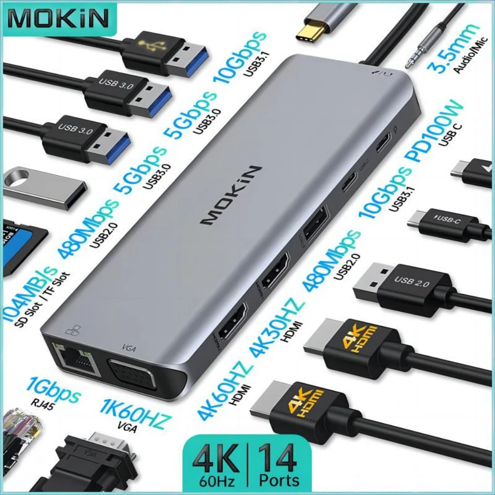 MOKiN USB Hubs Docking Station for MacBook Air Pro M1 M2 iPad USB-C HUB Adapter with 5Gbps USB3.0 4K60Hz HDMI PD 100W SD/TF RJ45