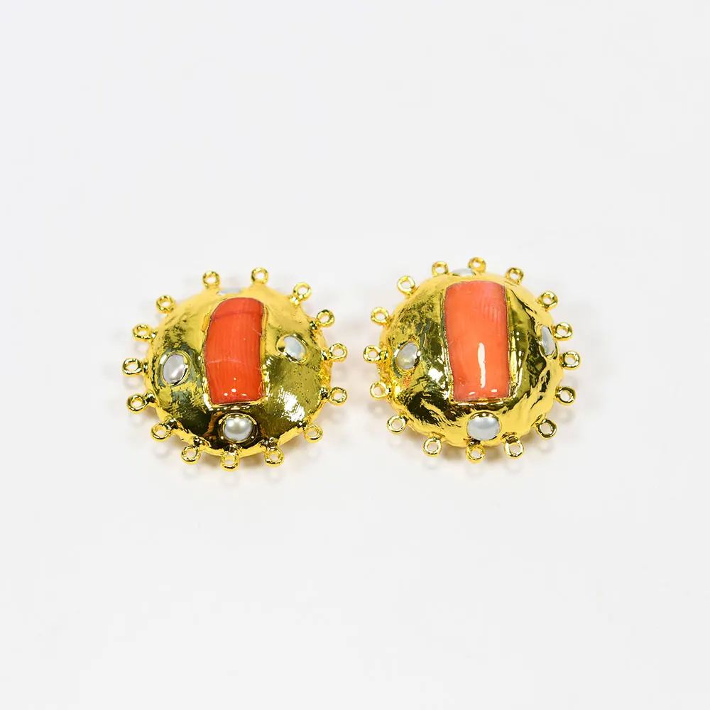 2 Pcs Natural White Pearl Orange Coral Gold Plated Sun Flower Pendant Design Charms Pearl Necklace Making Jewelry DIY