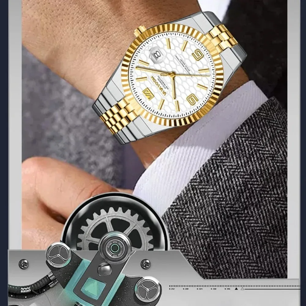 VA VA VOOM 2981 Luxury Steel Strip Quartz Mens Watch Waterproof Calendar Luminous Watches for Men Relogio Masculino reloj hombre