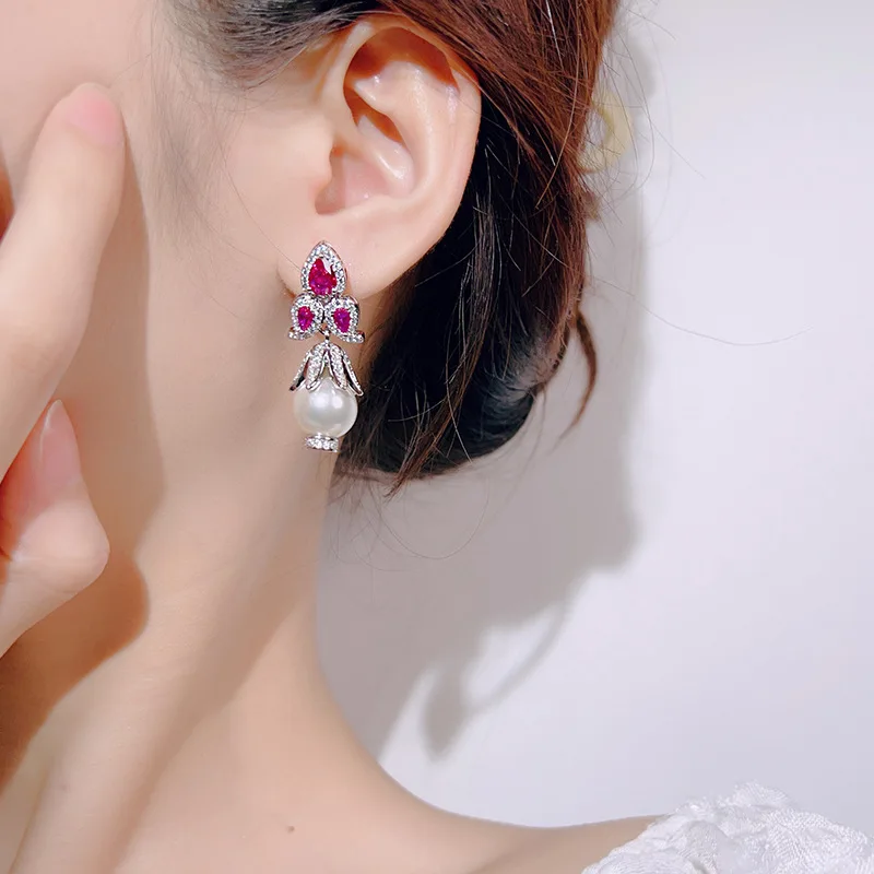 S925 Silver Needle Earrings Pearl Jewelry Fashionable Elegant Red Corundum High-end Sense Women's Versatile Earrings