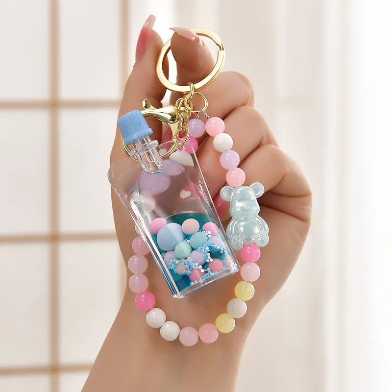 Cartoon Colorful Perfume Bottle Key Chain Floating Liquid Quicksand Jelly Bean Keyring Bag Pendant Keychain Decoration