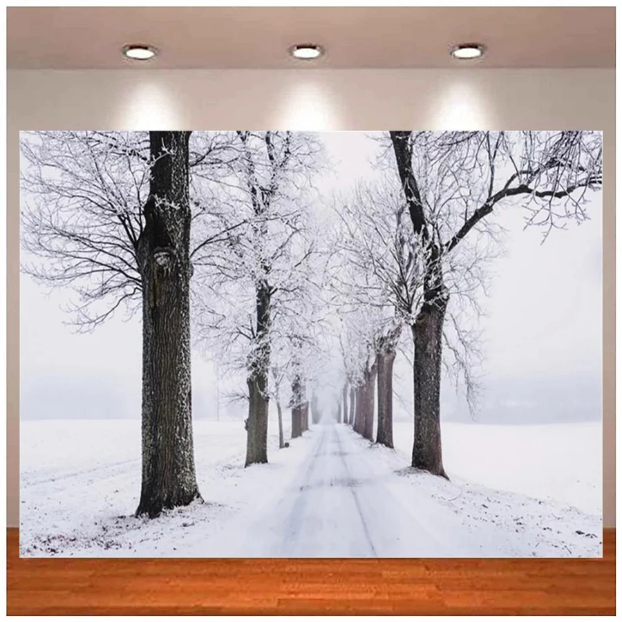 

Photography Backdrop White Heavy Snow Old Tree Way Park Natural View Poster Photographic Background Banner Photo Studio