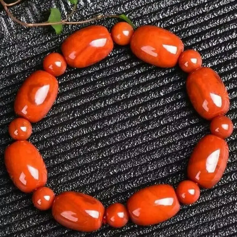 Natural South Agate Jade Flame Pattern Persimmon Red Women's Lucky Charm Bracelet