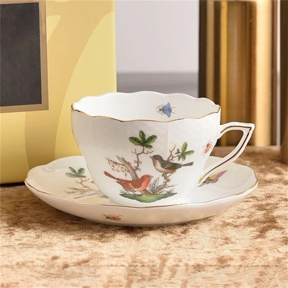 Creative Afternoon Tea Coffee Cup And Saucer Flower And Bird Printing Black Tea Cup Set Kitchen Supplies Cup And Saucer Gift