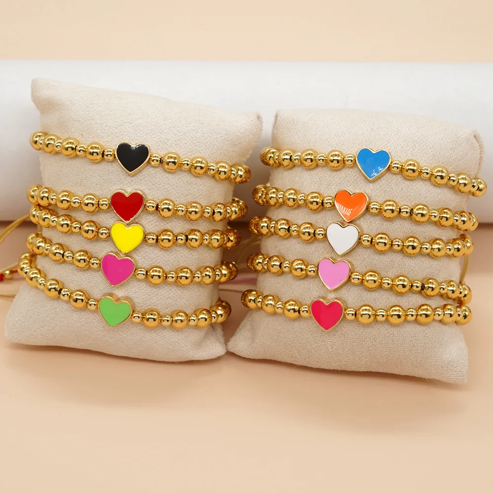 

10 Pieces Handmade Summer color Heart Charms Gold Bead Strand Bracelet Fashion Women Jewelry Gift