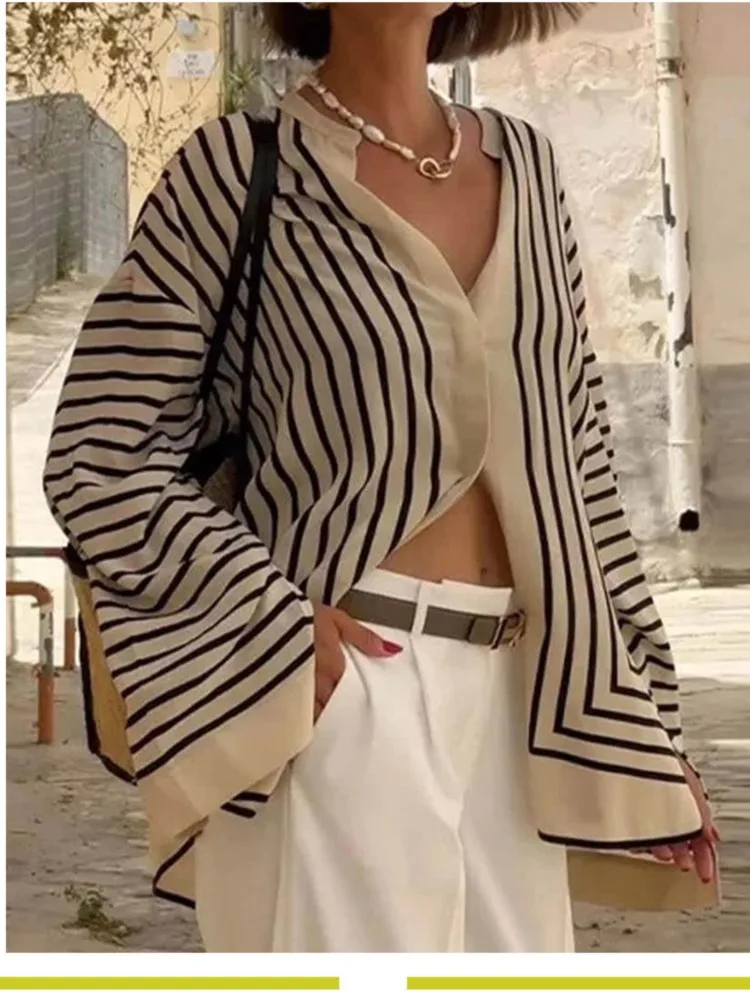 

Women's New Loose Shirts Top Spring Autumn Fashionable Contrast Color Round Neck Long Sleeve Striped Woman's Casual Shirt Tops