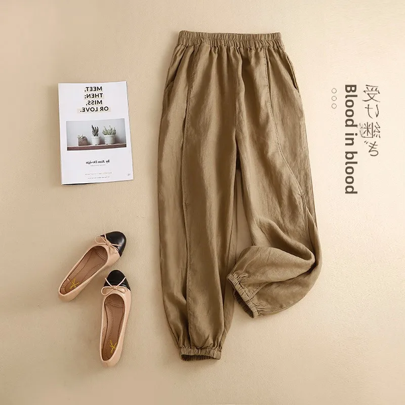 

Женские хлопковые и льняные брюки Харлан, брюки-фонарики, повседневные девятисекционные брюки с высокой талией и манжетами, летний сезон, обычные тонкие